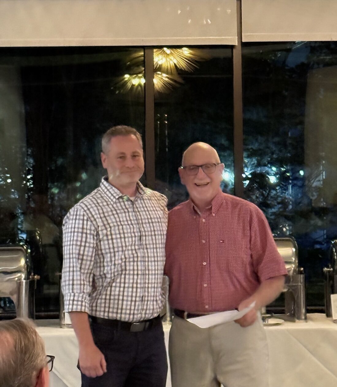 EMT, Brian McDermott (left) is presented with the Fairchild Recognition Award from president, John Miscioscia (right).  The Fairchild Recognition Award is presented annually to a WVAC member who is recognized for going above and beyond in their service to WVAC and the community.  This award which was started in 2017 , was originally called the Russell D. Fairchild Award, when local beloved plumber, John Fairchild would often provide his services to residents of Wilton at no charge, and instead asked them to make a donation in his late father's name to WVAC.  His father, Russell,  was a patient of WVAC's on multiple occasions after an unfortunate accident at the Wilton Transfer Station until he passed away. John passed away suddenly in 2018 and the award was renamed the Fairchild Recognition Award in honor and memory of them both.